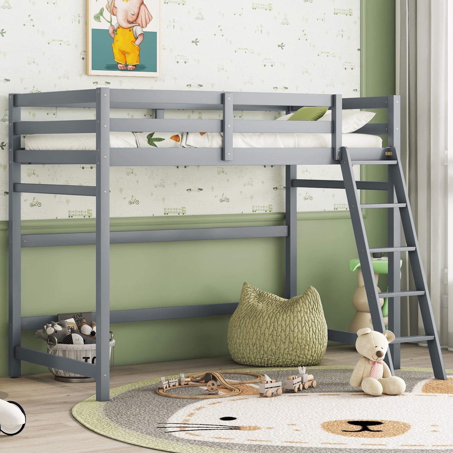 Twin Size Loft Bed Frame, Kids Loft Bed with Angled Ladder, Wooden High ...