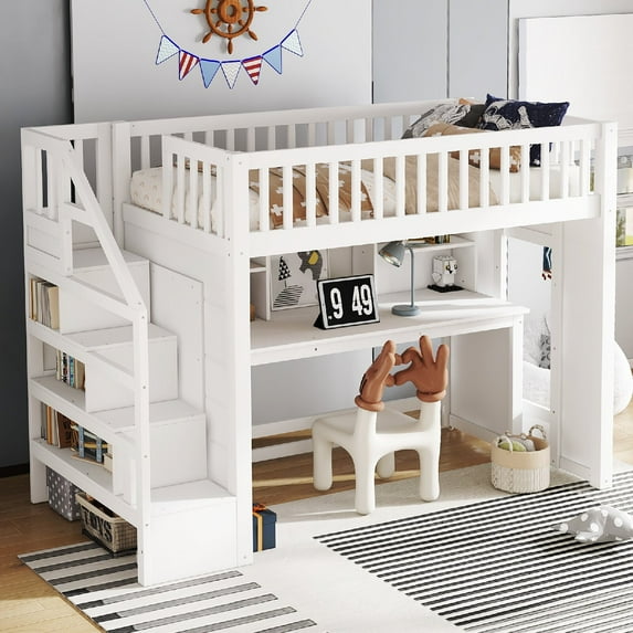 Twin Size Loft Bed Frame with Movable Desk and Storage Shelf, Wooden Loft Beds with Featuring Storage Stairs and Safety Guard Rails for Bedroom, Apartment, Space Saving, Mattress Not Included, White