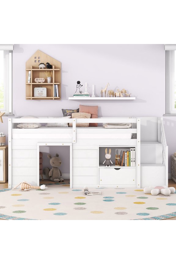 Twin Size Loft Bed Frame with Storage staircase and Underbed Space, Wood Low Loft Bed with Storage Drawers and Shelf for Bedroom, Apartment, Mattress not included, No Spring Box Needed, White