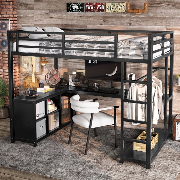 Twin Size Loft Bed Frame with Wardrobe and L-shaped Desk, Metal Loft Bed with Storage Cubes and Shelves for Bedroom, Apartment, Dorm, Space-Saving Design, No Box Spring Needed, Black