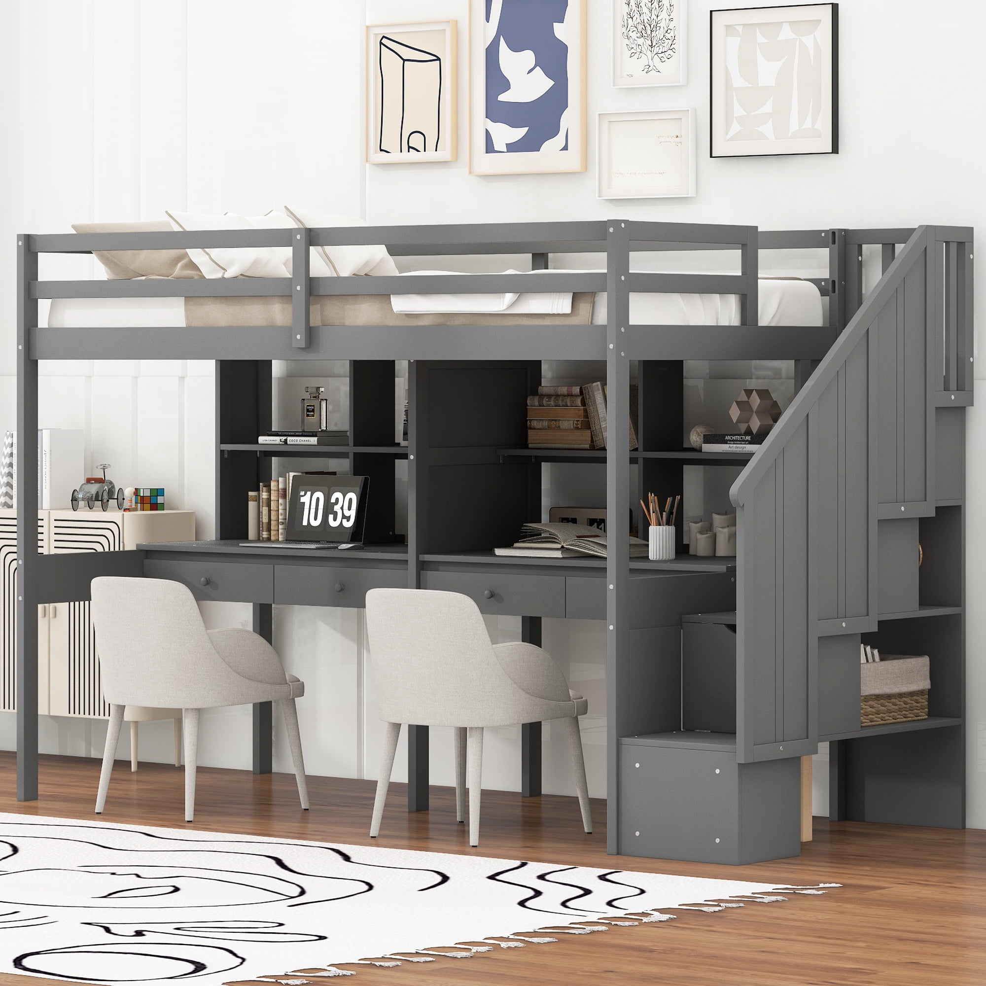 Twin Size Loft Bed Frame With Storage Staircase And Double Desks And — free download