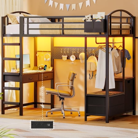 Twin Size Loft Bed with Desk and Pegboard, Metal Bed Frame with Storage Hamper, Cloth Rack, Power Outlet and LED Lighted, No Box Spring Needed, Black