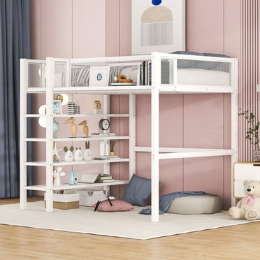 Twin Size Loft Bed, Heavy-Duty Metal Bed Frame with 4-Tier Open Shelves and Storage Shelf, Space Saving Loft Bed with Mesh Safety Guardrails for Kids Teens, No Box Spring Needed, White