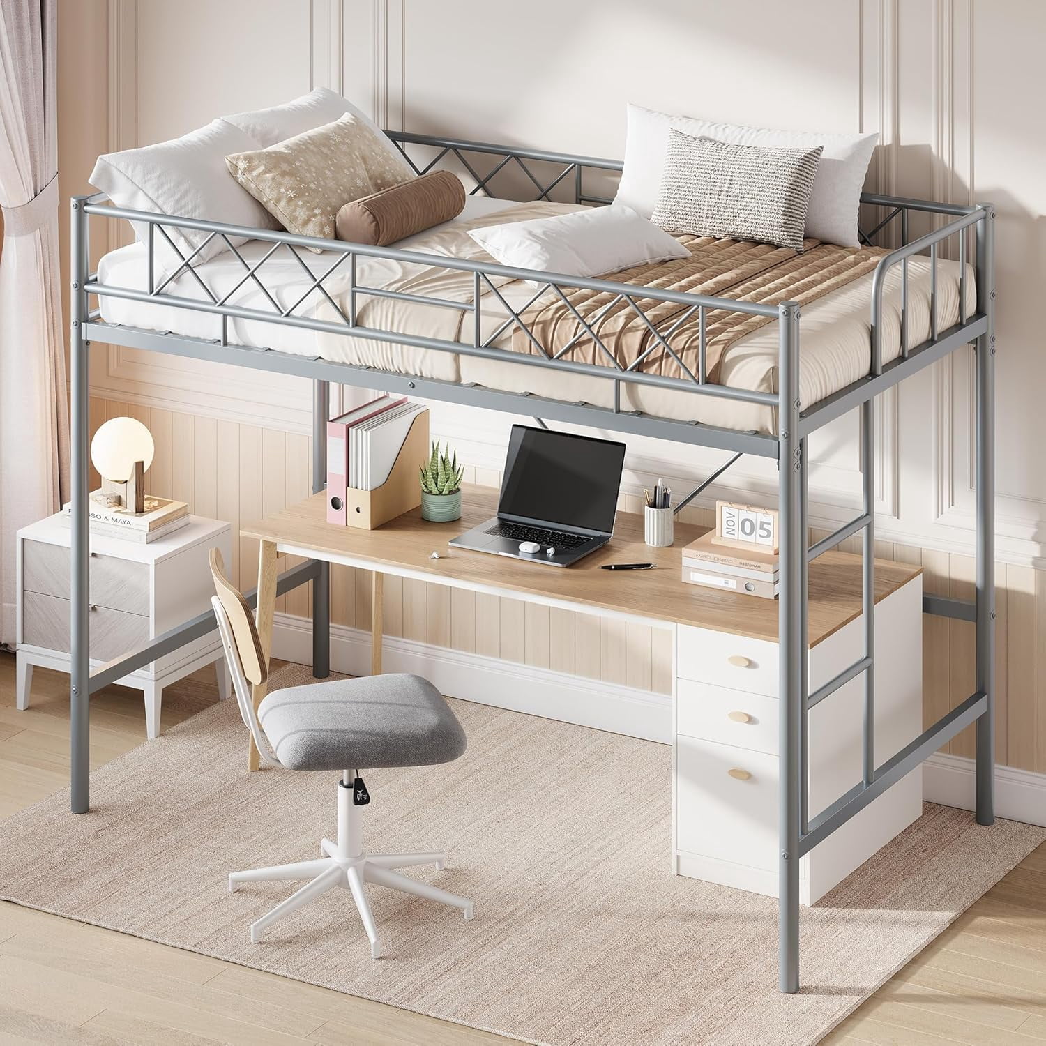 Twin Size Loft Bed, Heavy Duty Metal Frame with Arched Guardrail, Flat ...