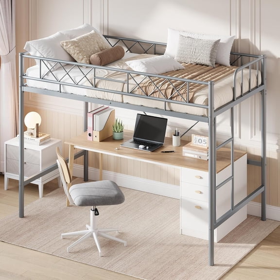 Twin Heavy Duty Metal Loft Bed – Arched Safety Guardrail, Safety Ladder, Sturdy Steel Slats, Compact Room Space-Saving, Gray