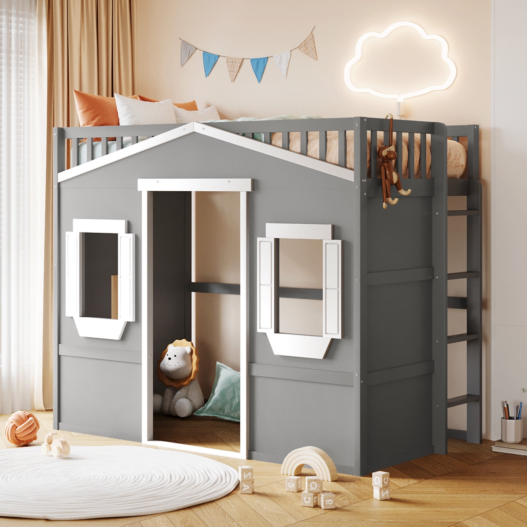 Twin Size Loft Bed, House Shaped Loft Bed with Large Extra Storage ...