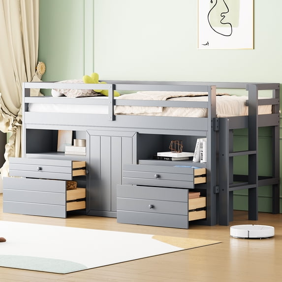 Twin Size Loft Bed In Gray With 4 Drawer Construction, Cabinet, Shelves - Strong & Space Saving Concept 4 Organization, Along Solution