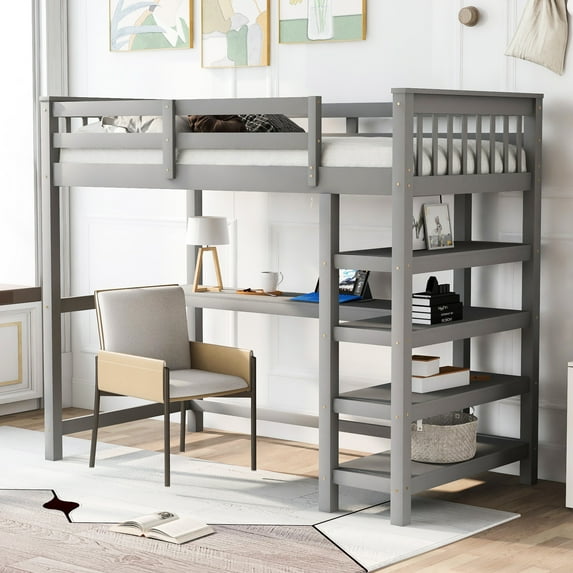 Twin Size Loft Bed In Gray With Desk And Storage - Construction Of Solid Wood For Comfortable Sleep Shelf Workstation Efficient Bedroom Use