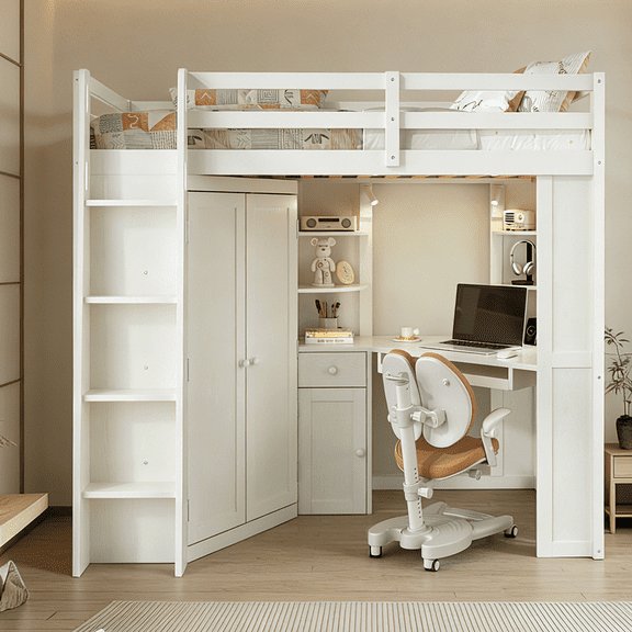 Twin Size Loft Bed with Integrated Large Wardrobe and Desk - All-in-One Space-Saving High Bed with Pull-Out Keyboard Tray, Charging Station and Dual Metal Spotlights for Dorm, Studio, Guest Room