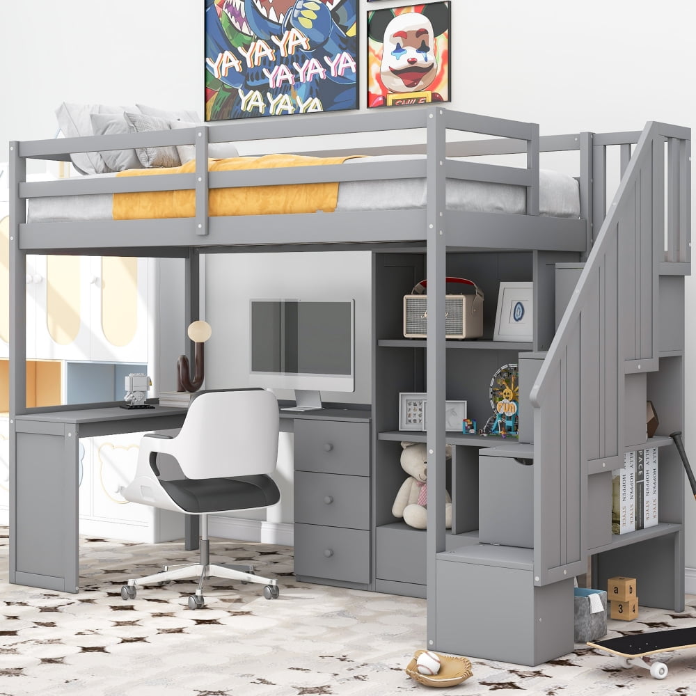 Twin Size Loft Bed with LShaped Desk and and Storage