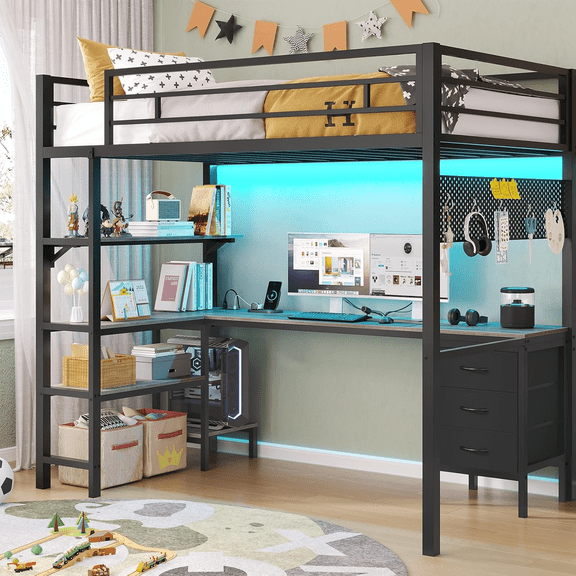 Twin Metal Loft Bed Frame with L-Shaped Desk & LED Lights & Charging Station, LED Twin Size Loft Bed with Storage Shelves & Drawers, No Box Spring Needed, Black