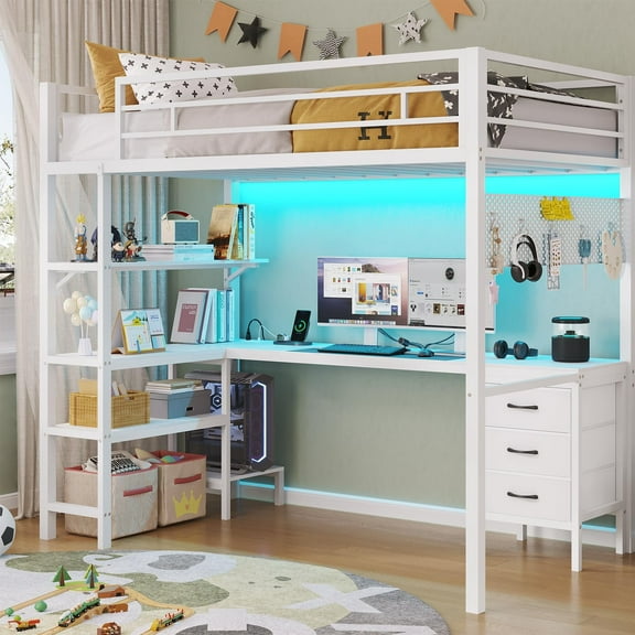 Loft Bed Twin Size with L Shape Desk & Power Outlet,LED Light,No Box Spring Need,LED Twin Size Metal Loft Bed with Storage Shelves & Drawers,White