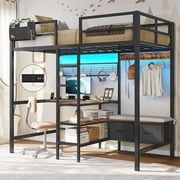 Twin Size Loft Bed with L-Shaped Desk&LED Lights&Charging Station, Twin Metal Loft Bed with Storage Shelves&Drawers,Top 