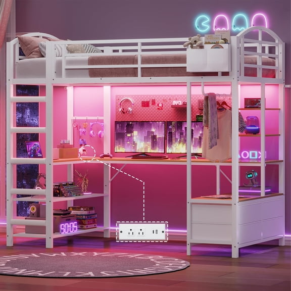 Twin Size Loft Bed with L-Shaped Desk, LED Metal Loft Bed Frame with Power Outlet, 4 Drawers, 2-Tier Curved Shelves & Cloth Rack, Space-Saving, No Box Spring Needed, White