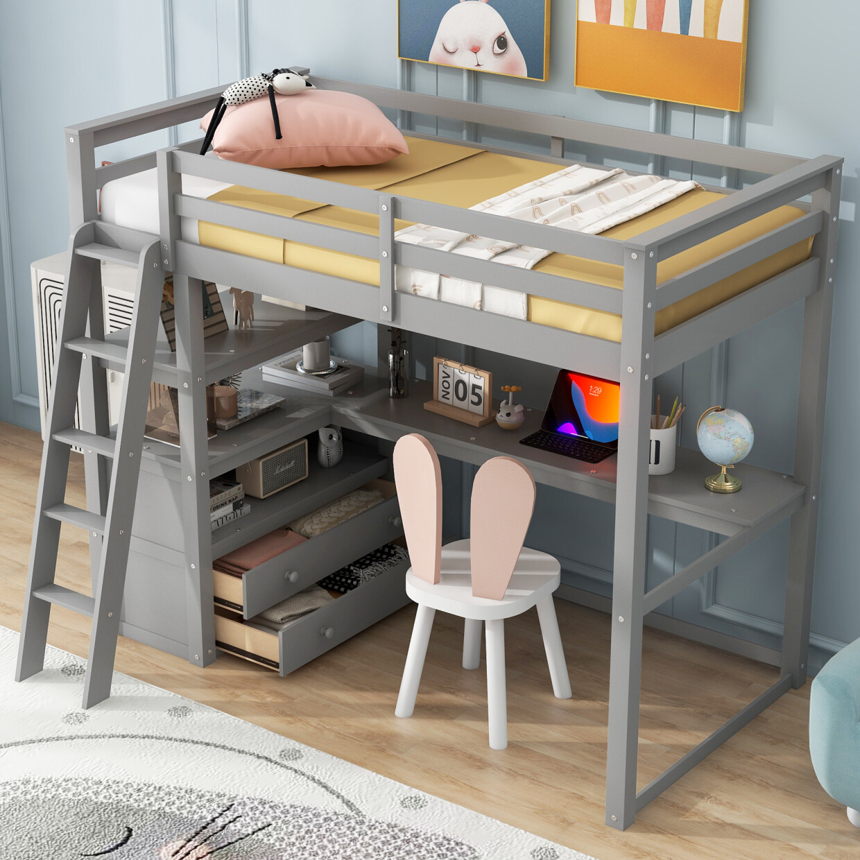 Twin Size Loft Bed with L-Shaped Desk and Storage Shelves, Wood Loft ...