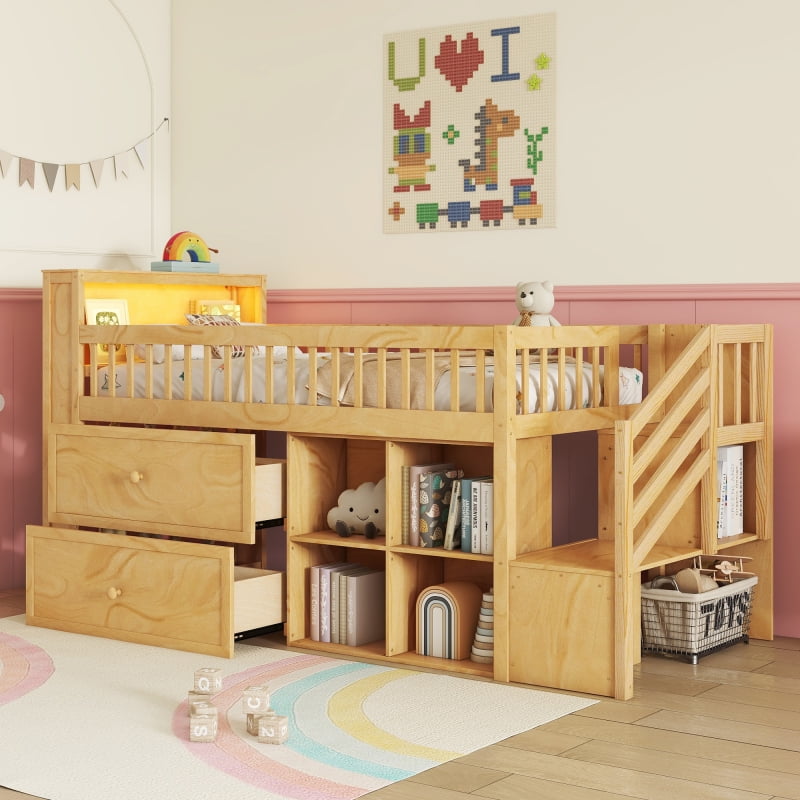 Twin Size Loft Bed with LED and Bookshelf, Wood Low Loft Bed with ...