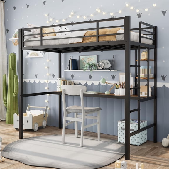 Twin Size Loft Bed with Large Desk and Storage Shelves, Heavy Duty Metal Loft Bed with Safety Guardrail and Ladder and Adults, Steel Slats Support, Space Saving, Black and Brown