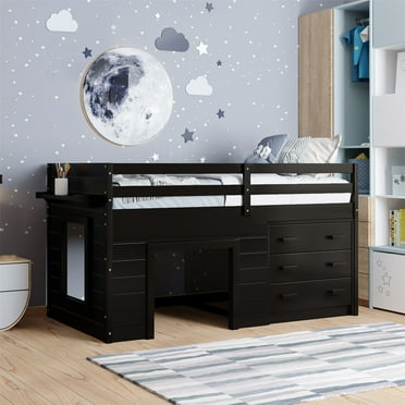 Twin Size Loft Bed, Low Loft Bed with 3 Cabinet and Shelf, Industrial Pine Wood Loft Bed with Full Length Safety Guardrails, Built-in Two Rung Ladder, Espresso