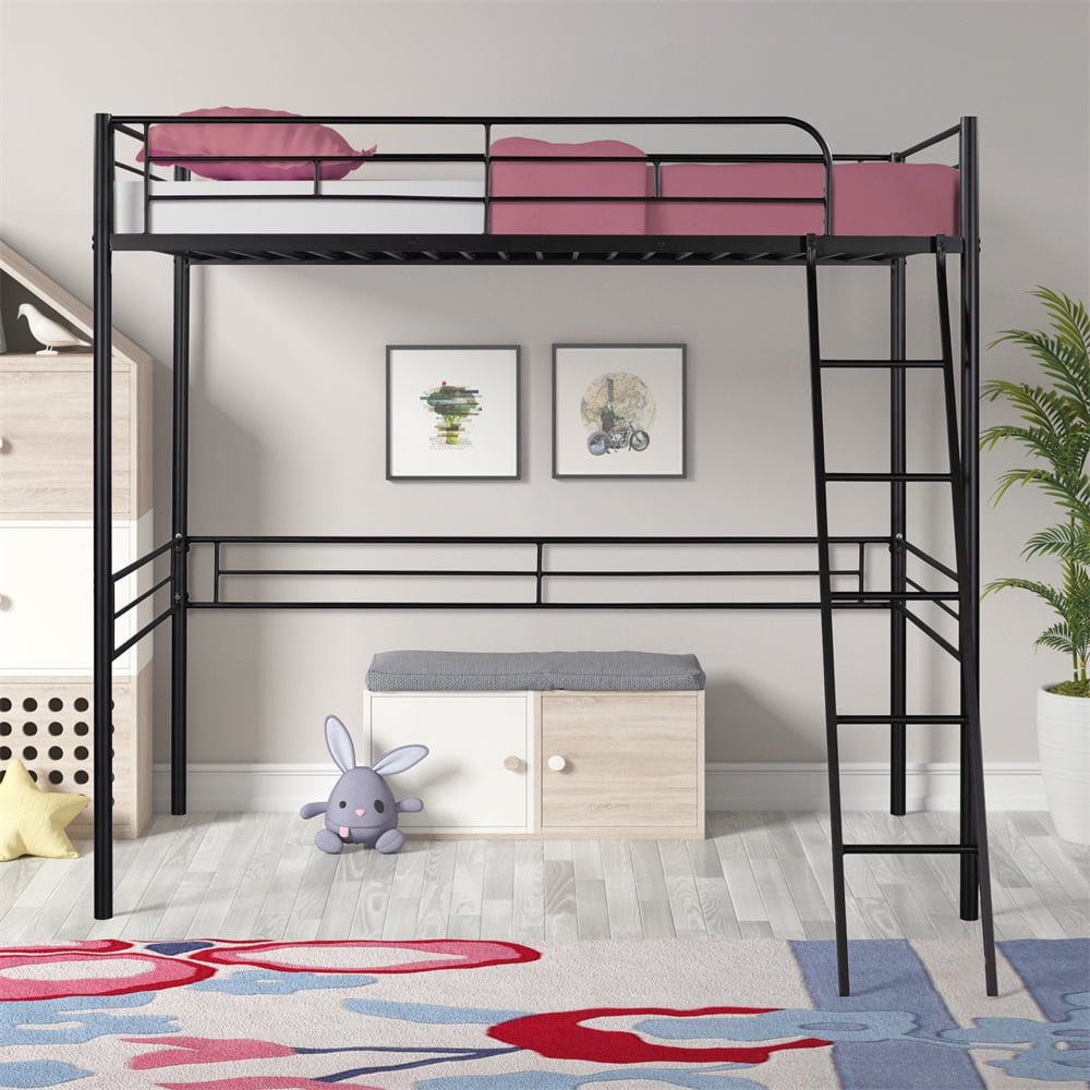 Twin Size Loft Bed Metal Loft Bed Frame with Full length Guardrail