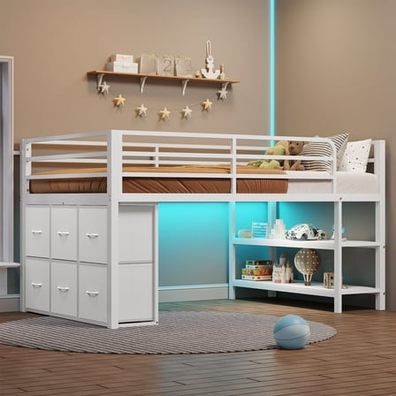 Twin Size Loft Bed, Metal Loft Bed Frame with 6 Fabric Drawers and Storage Shelves, with LED Lights,Modern Low Loft Bed,No Box Spring Needed,Sturdy ,White / Black /Pink