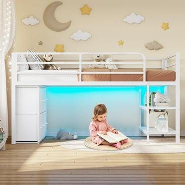 Twin Size Loft Bed, Metal Loft Bed Frame with 6 Fabric Drawers and Storage Shelves, with LED Lights,Modern Low Loft Bed for Kids Boys Girls, No Box Spring Needed,Sturdy ,White / Black