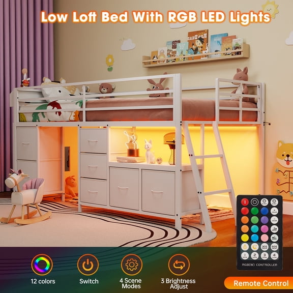 Twin Size Loft Bed, Metal Loft Bed Frame with 7 Fabric Drawers and Storage Shelves, with LED Lights,Modern Low Loft Bed,No Box Spring Needed,White