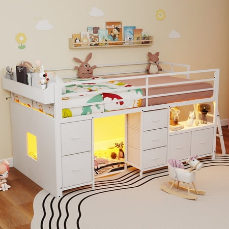 Twin Size Loft Bed, Metal Loft Bed Frame with 7 Fabric Drawers and Storage Shelves, with LED Lights,Modern Low Loft Bed,White