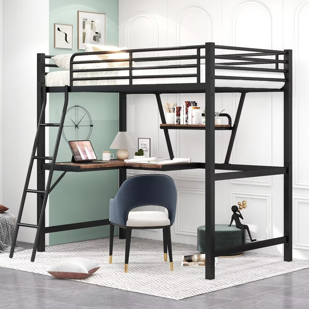 Twin Size Loft Bed,Metal Loft Bed Frame with Lshaped Desk and Shelf