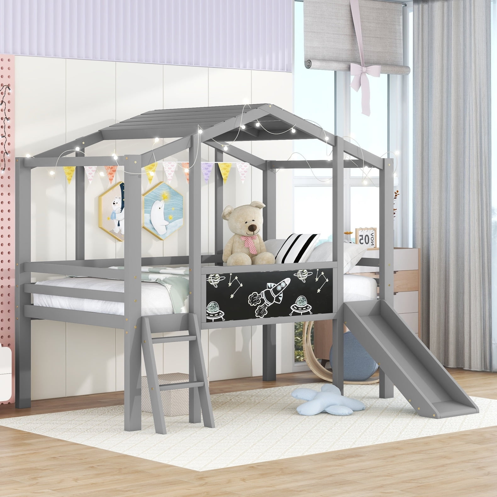 Twin Size Loft Bed, Modern Solid Wood Low Sturdy Loft Bed Frame with