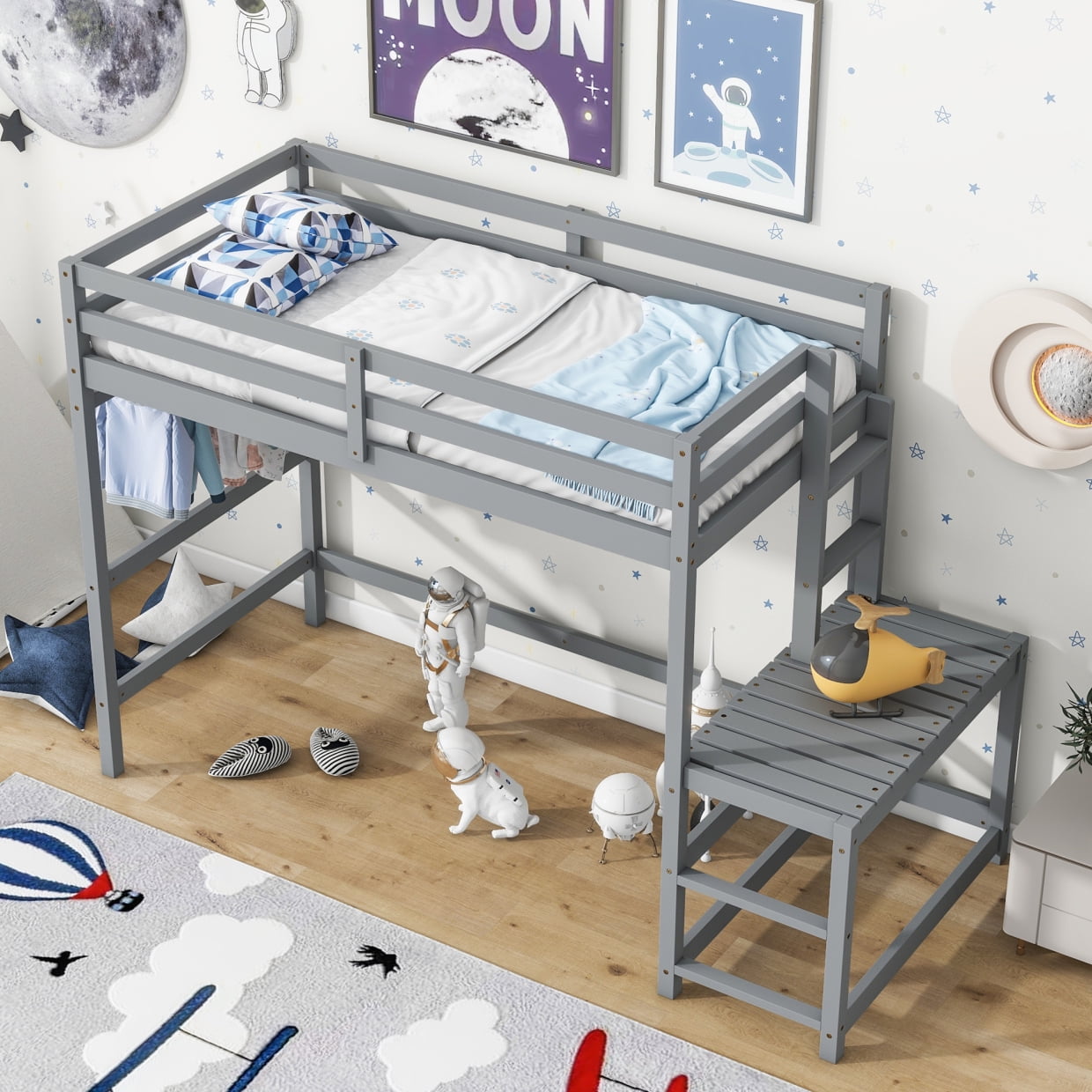 Twin Size Loft Bed, Modern Wood Platform Bed Frame with Ladders, Safety ...