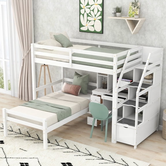 Twin Size Loft Bed Offering Twin over Twin & Separate Design in White