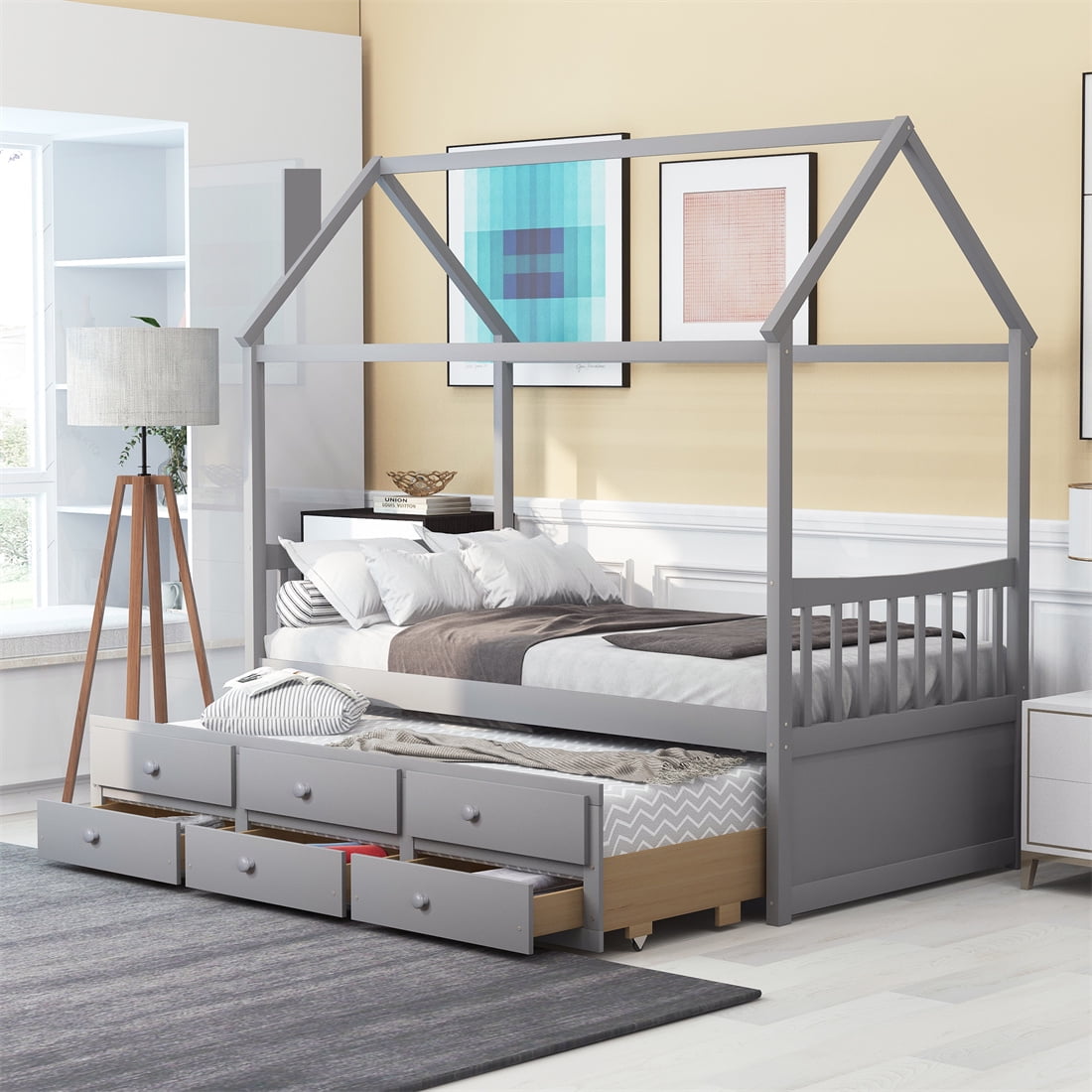 Twin Size Loft Bed with Pull out Trundle Bed Wood Twin Bed Frame