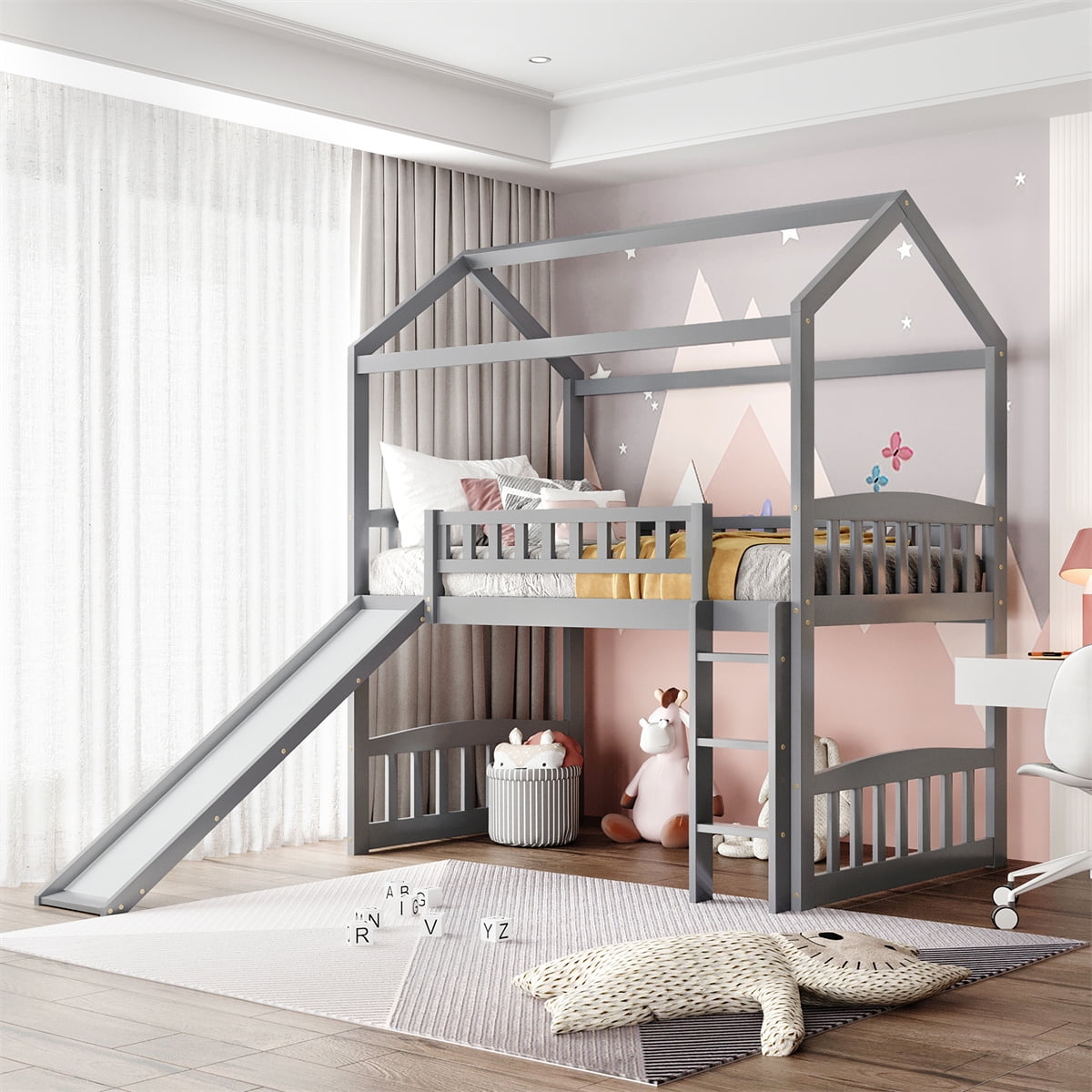 Twin Size Loft Bed with Slide, Wood House Bed with Roof, Ladder