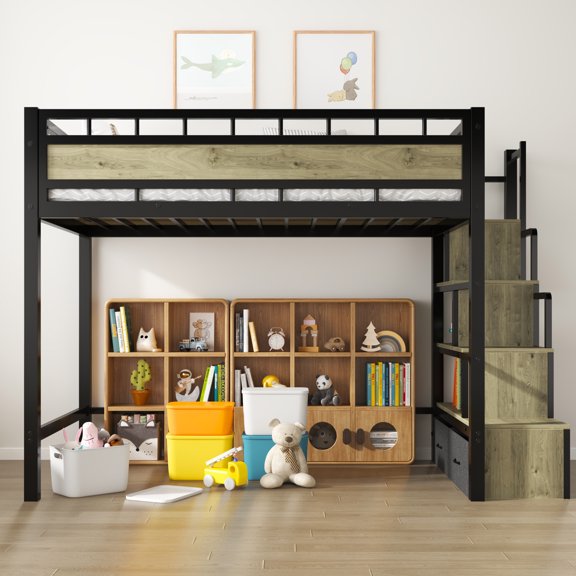 Twin Size Loft Bed with Stairs, Heavy Duty Metal Loft Bed Frame with Storage and Large Under-Bed Space, Space Saving Design & No Box Spring Needed, Black