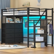 Twin Size Loft Bed with Stairs and Wardrobe-8 Storage Drawers, Power Outlet, LED Light, Metal Loft Bed with 13 Safety Guardrail,Storage Stairs, Large Under-Bed Space,Grey