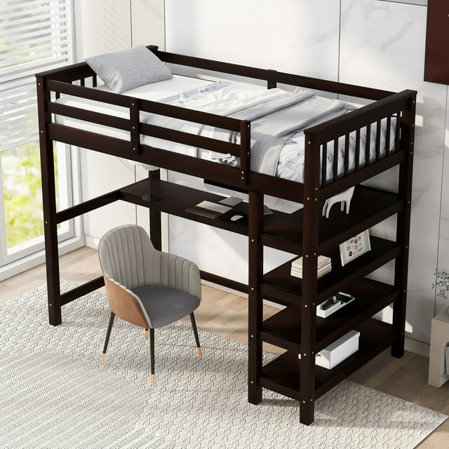 Twin Size Loft Bed with Storage Shelves and Built-in Desk, Wood Loft Bed Frame with Full-length Guardrails and Ladder for Kids Boys Girls Bedroom Dorm, Space Saving, Espresso