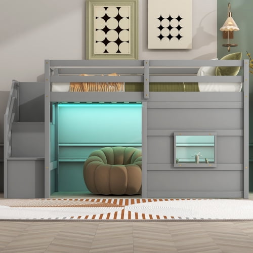 Twin Size Loft Bed with Storage Staircase and Window, Built-In LED Lighting, Solid Wood Frame with Full-Length Guardrails, No Box Spring Needed, Space-Saving Design, Gray