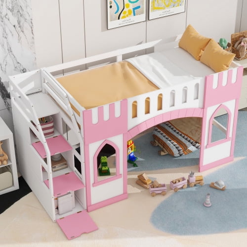 Twin Size Loft Bed with Storage Staircase and Window, Solid Pine Frame, Full-Length Guardrails, No Box Spring Needed, Space-Saving for Bedroom, Dorm, Pink