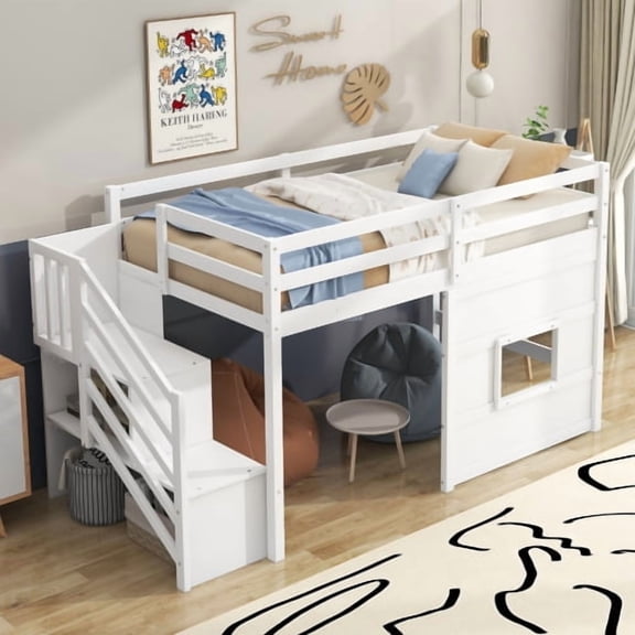 Twin Size Loft Bed with Storage Staircase and Window, White Pine Wood - Space Saving Loft Bed with Built-in Stairs, LED Light, No Box Spring Needed for Small Space, Bedroom or Dorm