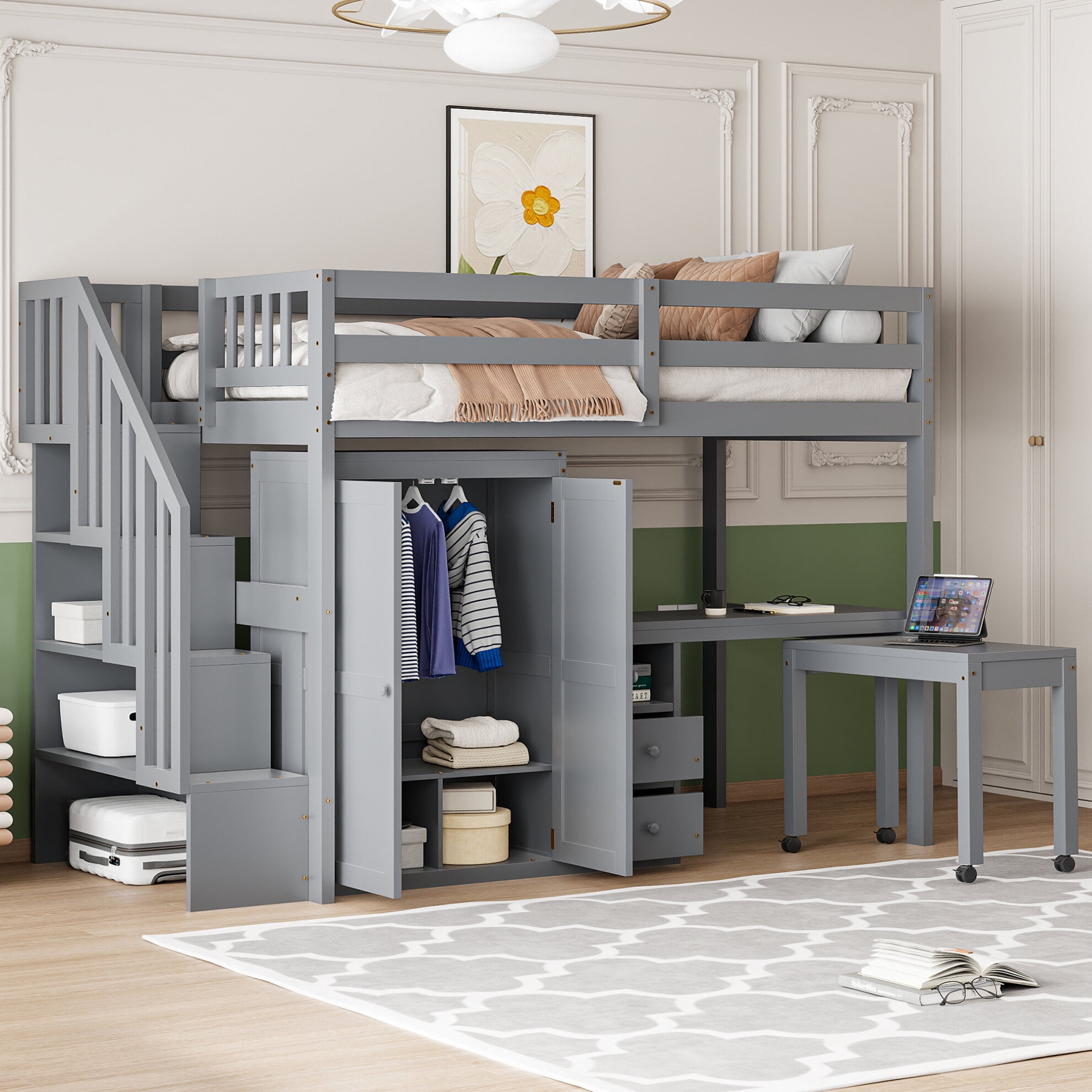 Gallery Detail: Twin Size Loft Bed With Wardrobe Desk Stairs Multifunctional Wooden
