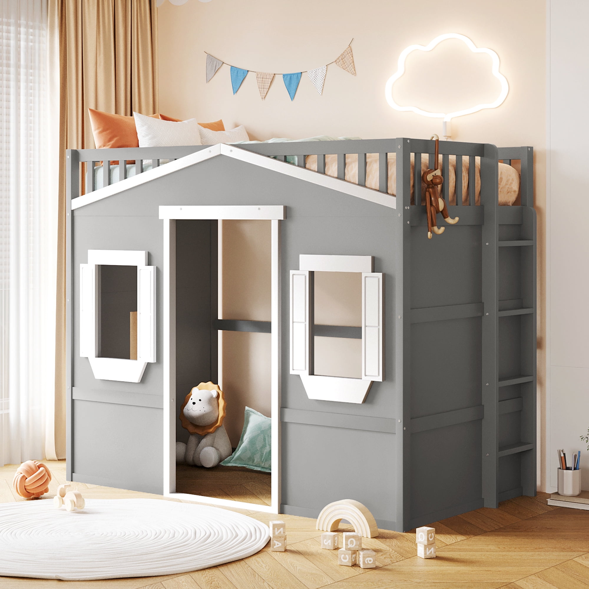 Twin Size Loft Bed with Windows and Door Solid Wood Loft Bed Frame with Ladder and Safety Guardrails House Loft Bed for Kids Boys Girls No Box Spring Needed Gray White Frame