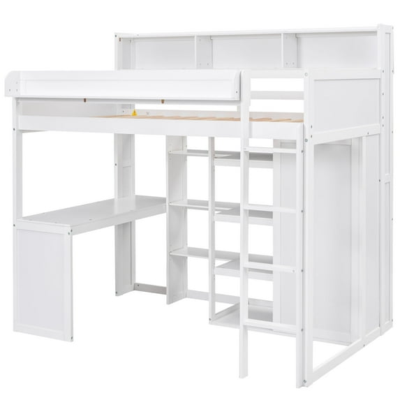 Twin Size Loft Bed With Desk Space Saving Design Solid Wood Frame Easy Assembly Bedroom Furniture (17.7'' x 48.5'' x 75.70'')