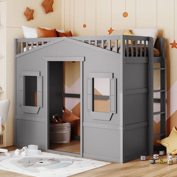 Twin Size Loft Bed With - Gray, Solid Wood For A Stylish Sleep In Construction Bedroom Elegance