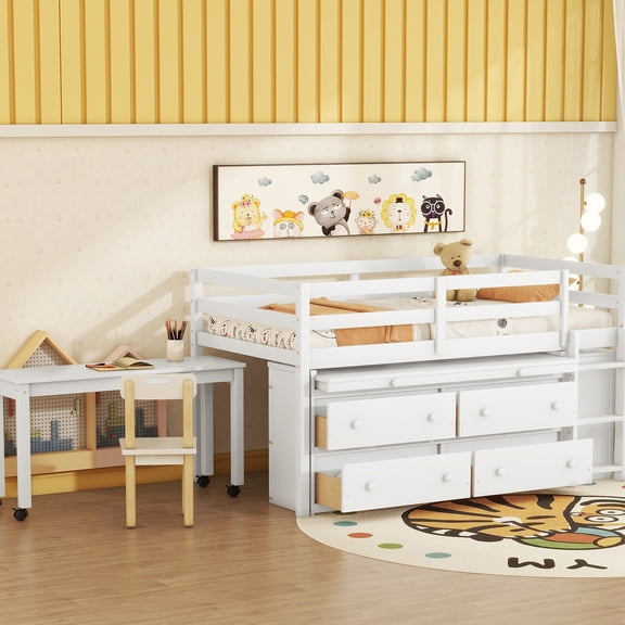 Twin Size Loft Bed With Portable Desk And Shelves, White, Functional Bedroom Piece Solid Wood Bed, Retractable Practical Storage Options