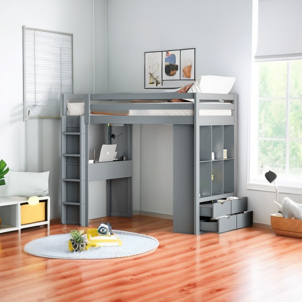 Twin Size Loft Bed, Wood Twin Loft Bed Frame with Large Shelves ...