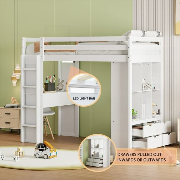 Twin Size Loft Bed in White Equipped with Large Shelves, Writing Desk & LED Light - Fun & Functional