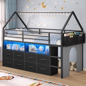 Twin Size Loft Bed with 8 Storage Drawers & LED Lights, House Shaped Metal Loft Bed with Bookcase, Ladder, 13.4" Guardrail, Space Saving, Fun Curtain
