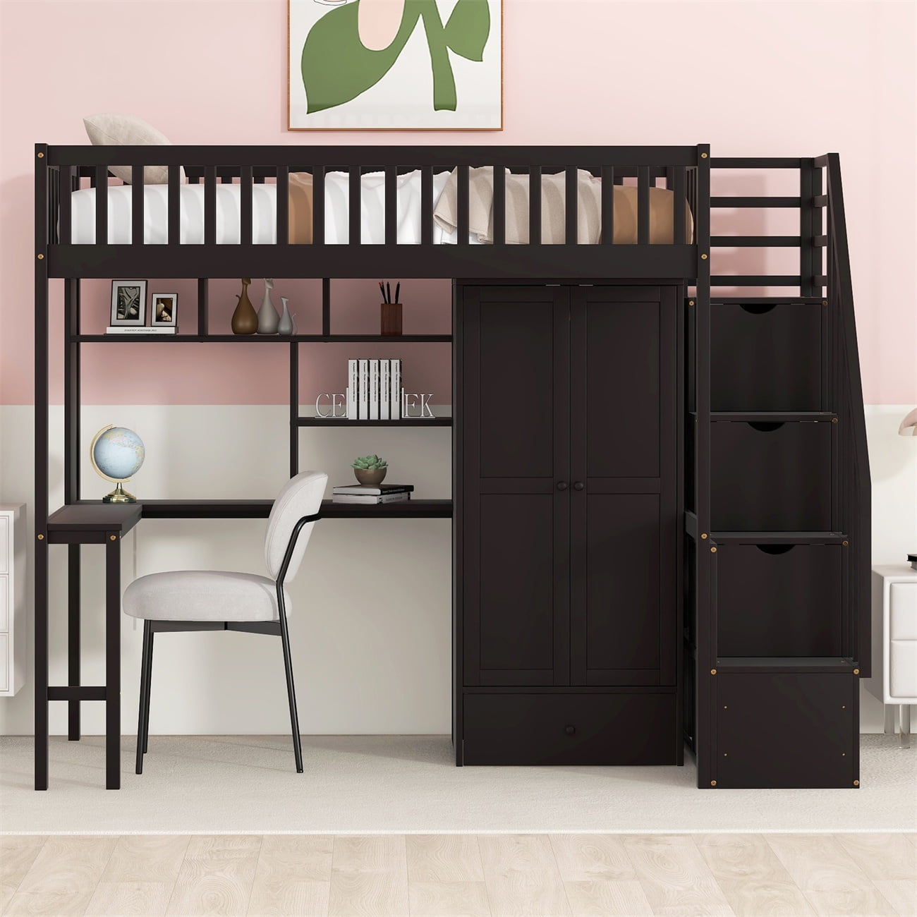 Twin Size Loft Bed with Bookshelf and Drawers for Kids Teens, Storage