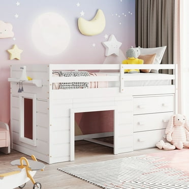 Twin Size Loft Bed with Cabinet and Shelf, Wooden Loft Bed Frame with 3 Drawers and Ladder, White
