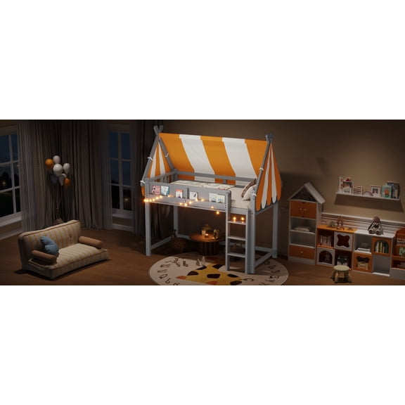 Twin Size Loft Bed with Canopy, LED Lights and Bookshelf for Room, Gray Wooden Space-Saving Bed Frame